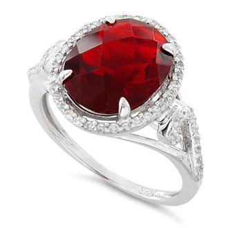 Sterling Silver Garnet Oval Halo Swirl CZ Ring