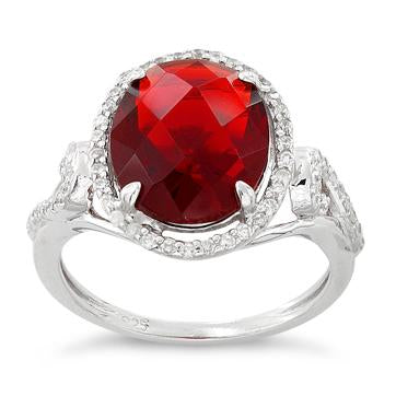 Sterling Silver Garnet Oval Halo Swirl CZ Ring