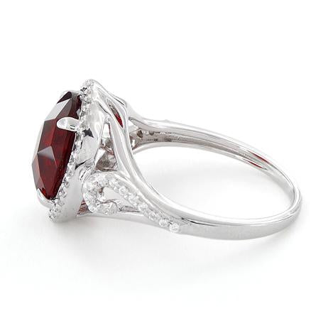 Sterling Silver Garnet Oval Halo Swirl CZ Ring