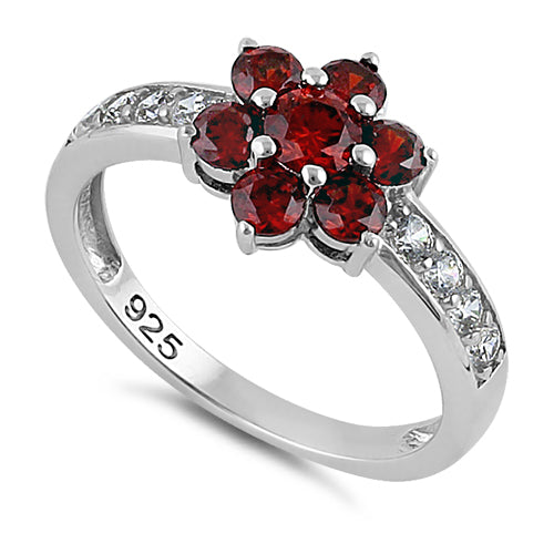 Sterling Silver Garnet Plumeria Flower CZ Ring