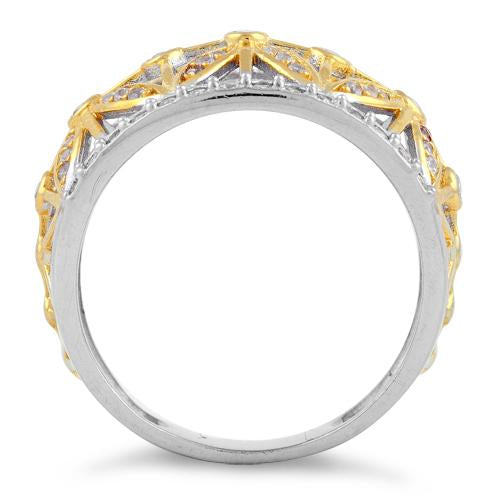 Sterling Silver Gold Two Tone Flower Caged CZ Ring