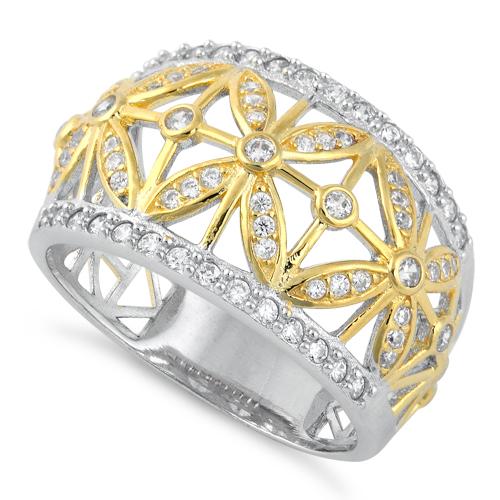 Sterling Silver Gold Two Tone Flower Caged CZ Ring