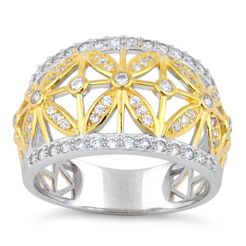 Sterling Silver Gold Two Tone Flower Caged CZ Ring