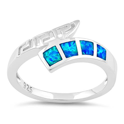 Sterling Silver Greek 4 Square Blue Lab Opal Ring
