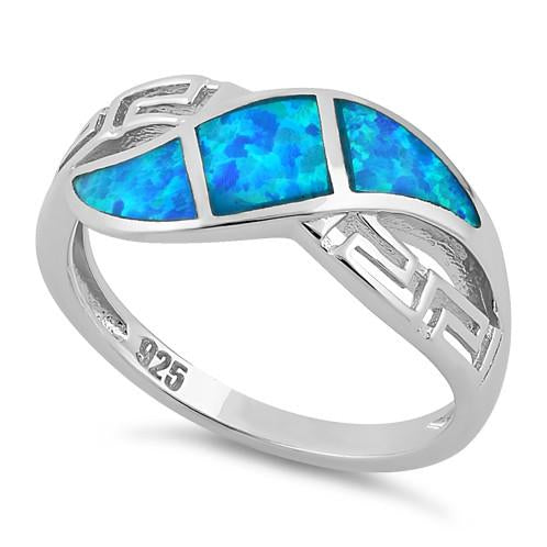 Sterling Silver Greek Pattern Blue Lab Opal Ring