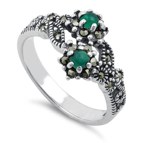 Sterling Silver Green Agate Double Flower Marcasite Ring