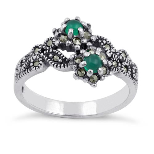 Sterling Silver Green Agate Double Flower Marcasite Ring