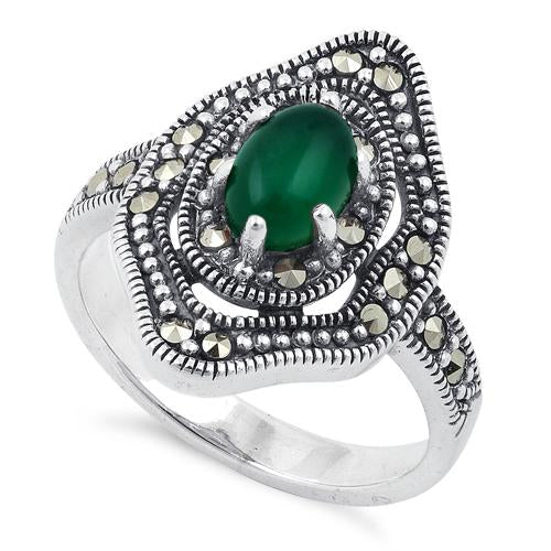 Sterling Silver Green Agate Eye Marcasite Ring