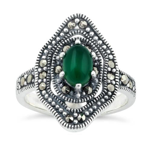 Sterling Silver Green Agate Eye Marcasite Ring