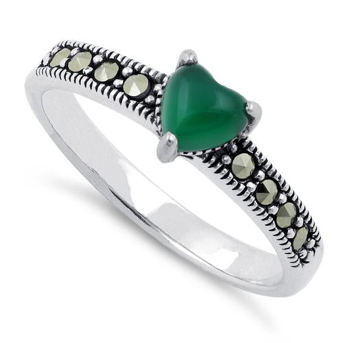 Sterling Silver Green Agate Heart Marcasite Ring