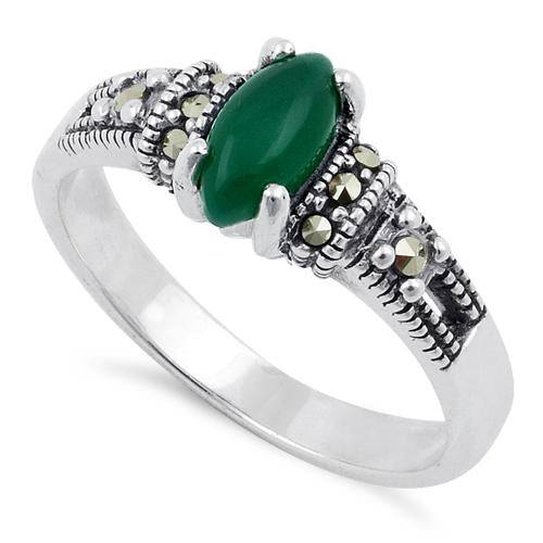 Sterling Silver Green Agate Marquise Marcasite Ring