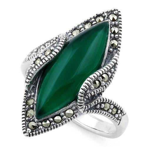 Sterling Silver Green Agate Marquise Marcasite Ring