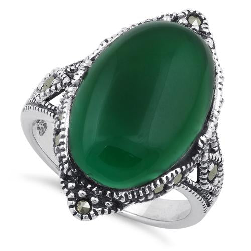 Sterling Silver Oval Green Agate Marcasite Ring