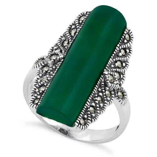 Sterling Silver Green Agate Tall Marcasite Ring