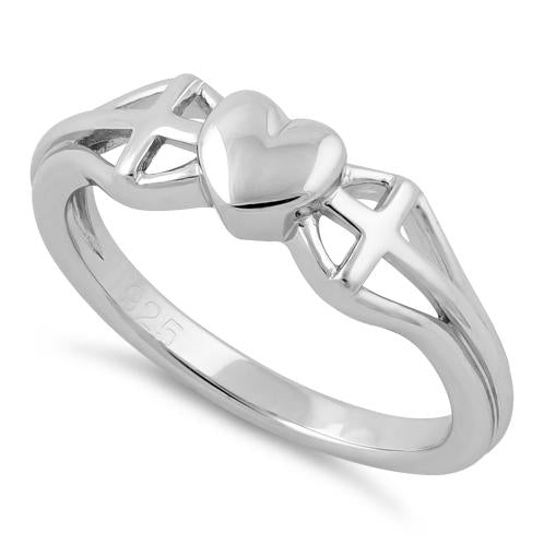 Sterling Silver Heart and 2 Cross Ring