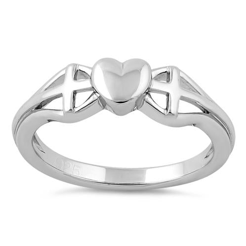 Sterling Silver Heart and 2 Cross Ring