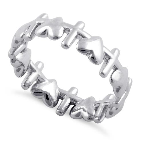 Sterling Silver Heart and Cross Pattern Eternity Ring