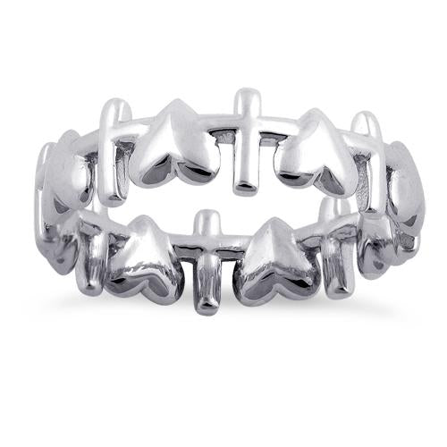 Sterling Silver Heart and Cross Pattern Eternity Ring