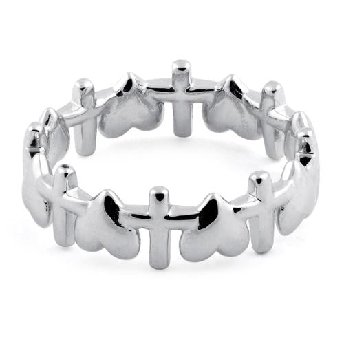 Sterling Silver Heart and Cross Pattern Eternity Ring