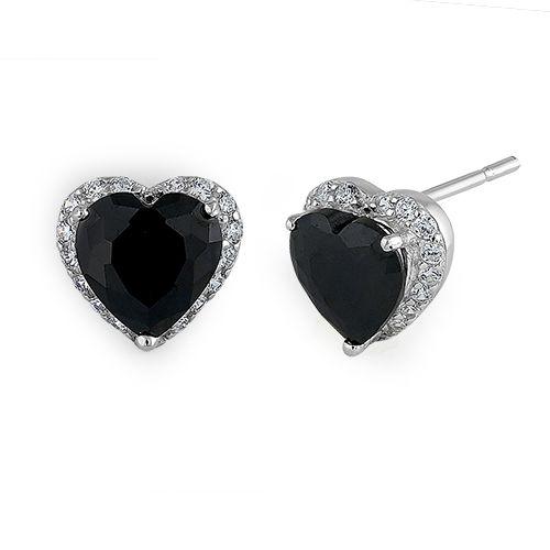 Sterling Silver Heart Black CZ Earrings