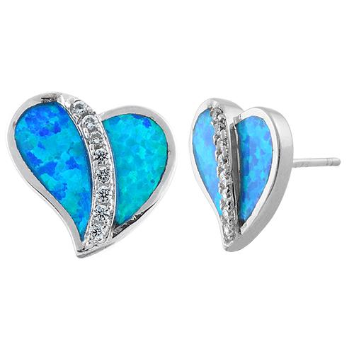 Sterling Silver Heart Blue Lab Opal Clear CZ Earrings