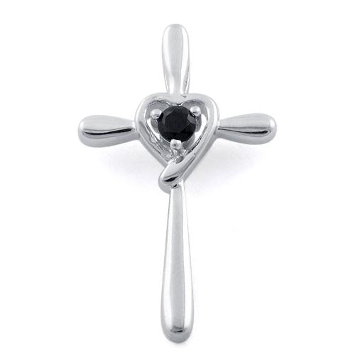 Sterling Silver Heart Cross Black CZ Pendant