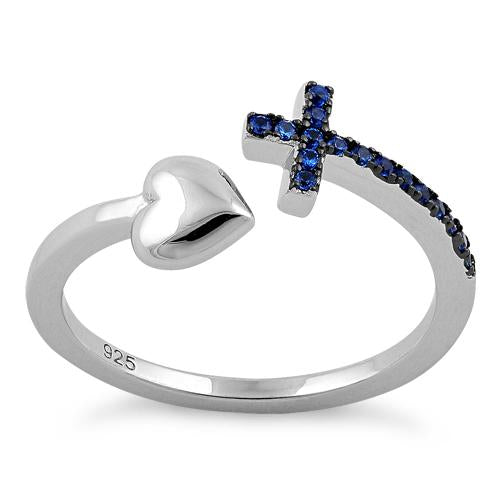 Sterling Silver Heart Cross Blue Sapphire CZ Ring