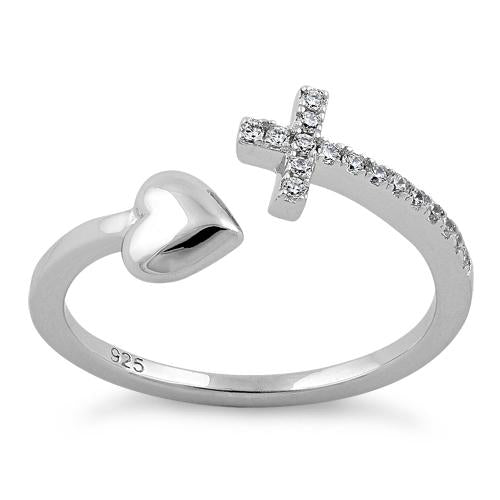 Sterling Silver Heart Cross Clear CZ Ring