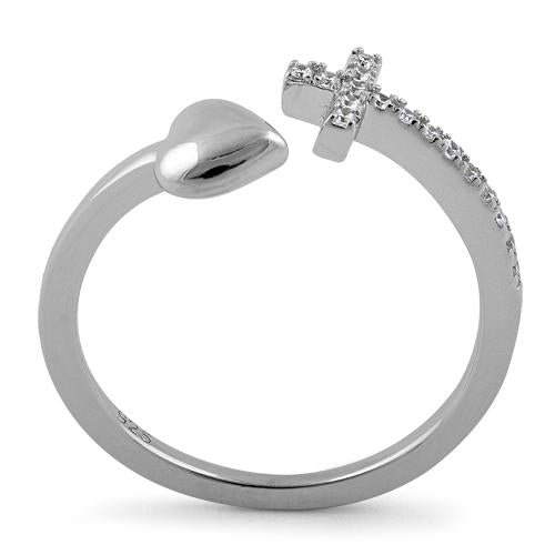 Sterling Silver Heart Cross Clear CZ Ring