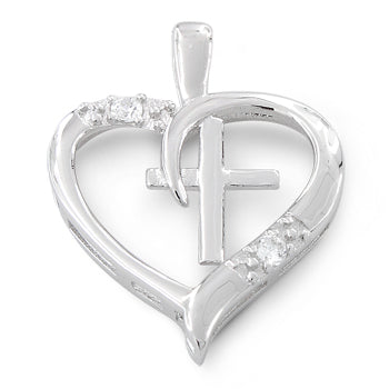 Sterling Silver Heart Cross CZ Pendant