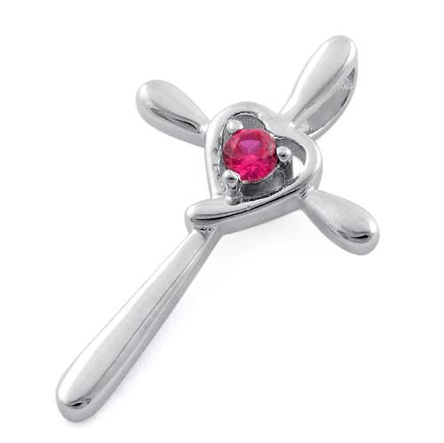 Sterling Silver Heart Cross Ruby CZ Pendant