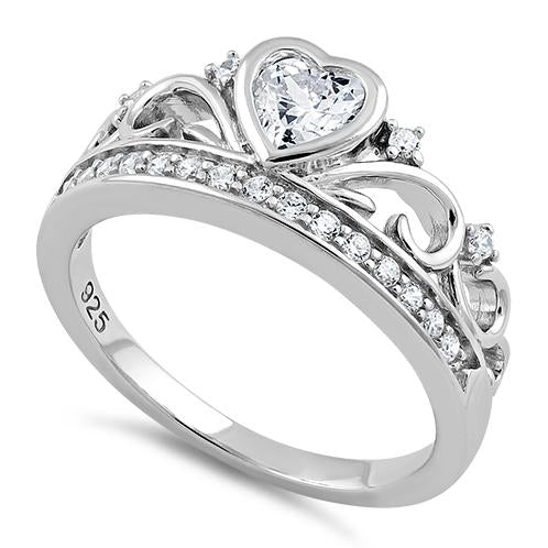 Sterling Silver Heart Crown Clear CZ Ring
