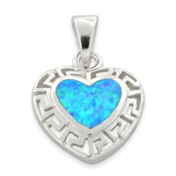 Sterling Silver Heart Greek Pattern Lab Opal Pendant