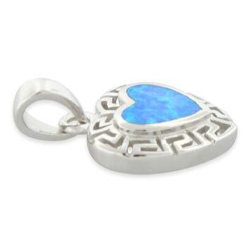 Sterling Silver Heart Greek Pattern Lab Opal Pendant