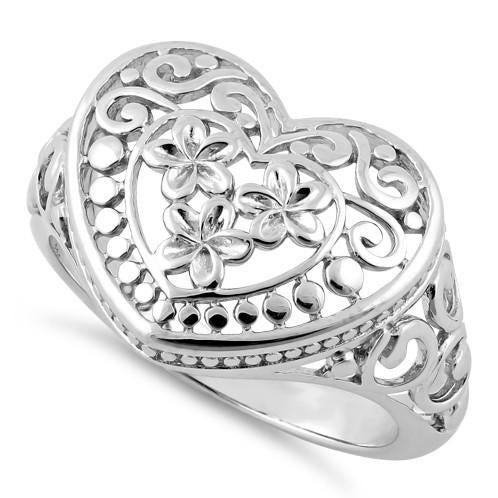 Sterling Silver Heart Plumeria Ring