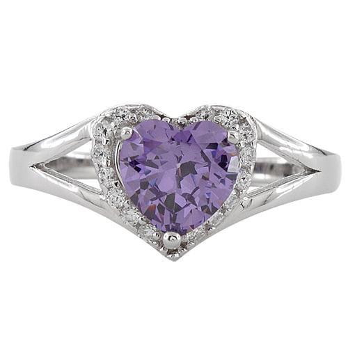 Sterling Silver Heart Shape Amethyst CZ Ring