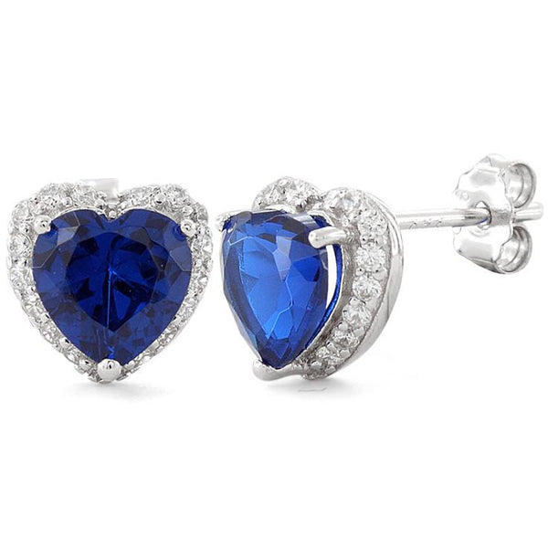 Sterling Silver Heart Shape Blue Sapphire CZ Earrings