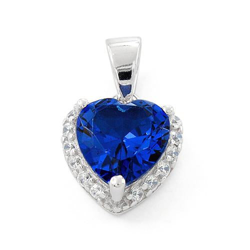 Sterling Silver Heart Shape Blue Sapphire CZ Pendant