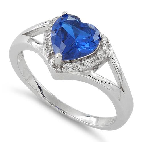 Sterling Silver Heart Shape Blue Sapphire CZ Ring