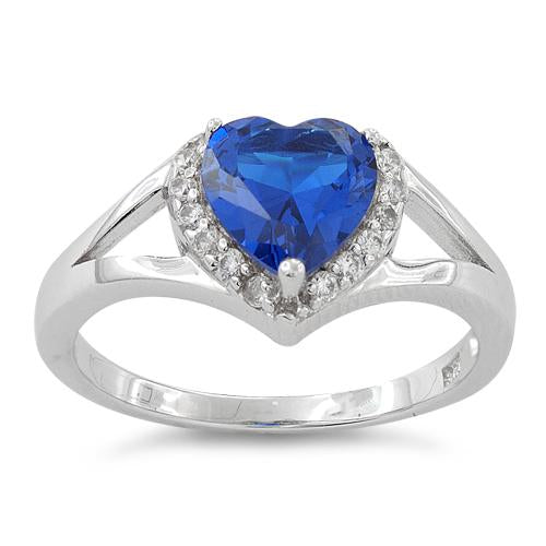 Sterling Silver Heart Shape Blue Sapphire CZ Ring