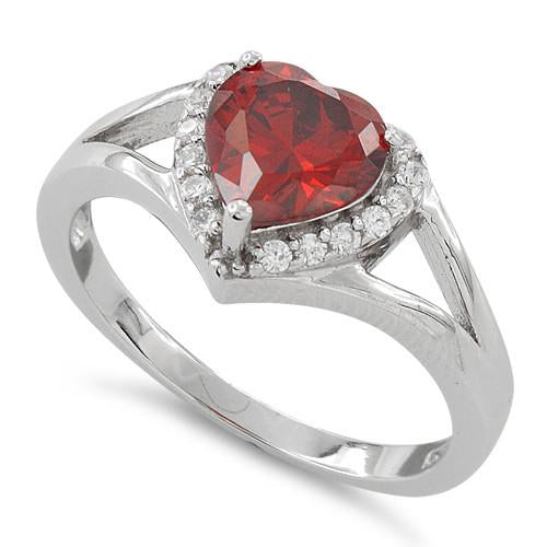 Sterling Silver Heart Shape Garnet CZ Ring