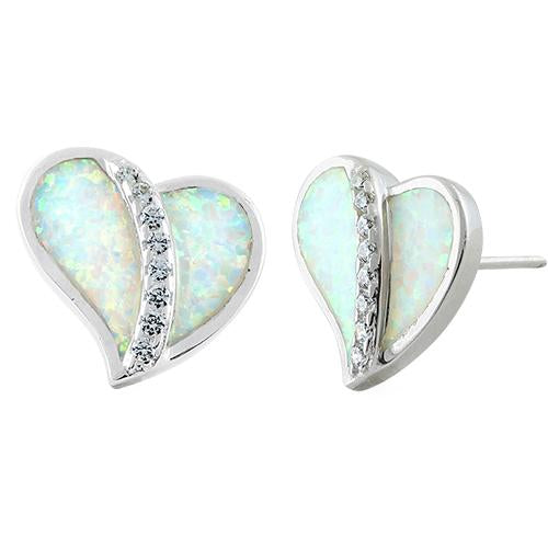 Sterling Silver Heart White Lab Opal Clear CZ Earrings