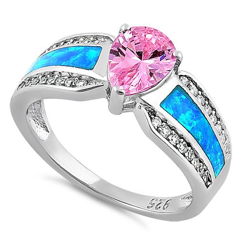 Sterling Silver Illustrious Blue Lab Opal & Pink Pear Cut & Clear CZ Ring