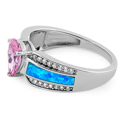 Sterling Silver Illustrious Blue Lab Opal & Pink Pear Cut & Clear CZ Ring