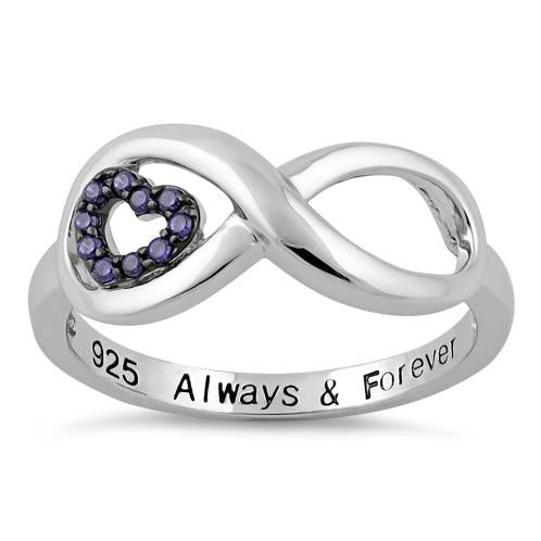 Sterling Silver Infinity Amethyst Heart "Always & Forever" Engraved CZ Ring