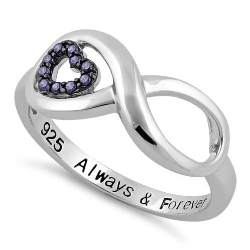 Sterling Silver Infinity Amethyst Heart "Always & Forever" Engraved CZ Ring