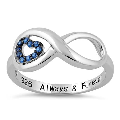 Sterling Silver Infinity Blue Spinel Heart "Always & Forever" Engraved CZ Ring