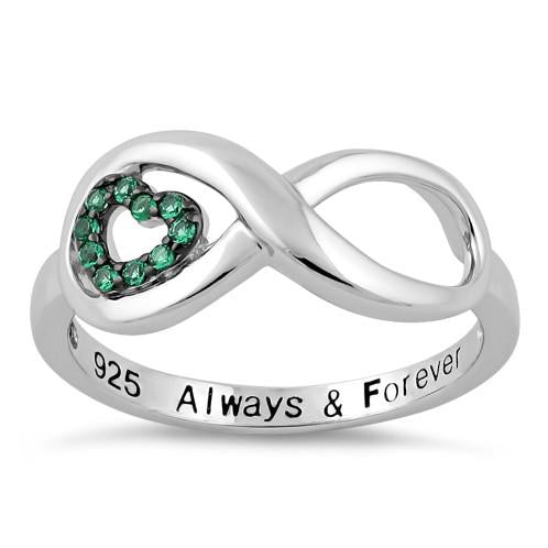 Sterling Silver Infinity Emerald Heart "Always & Forever" Engraved CZ Ring