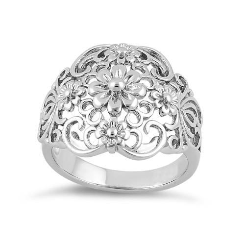 Sterling Silver Intricate Flowers Ring