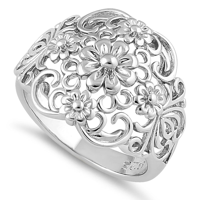 Sterling Silver Intricate Flowers Ring